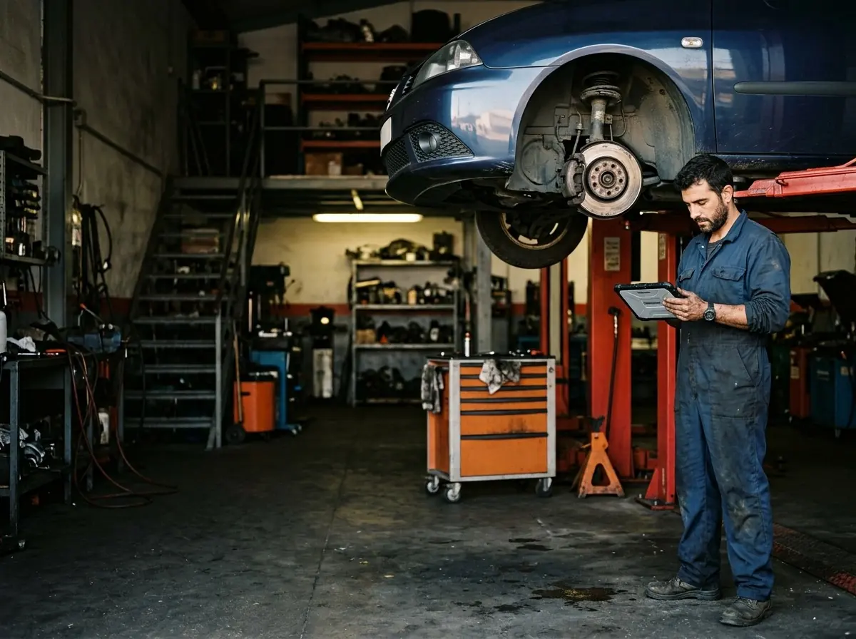 Mechaniker prüft auf einem Tablet den Werkstattauftrag eines Autos auf der Hebebühne