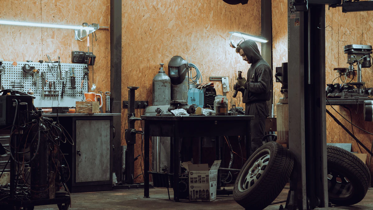 Interior of an auto repair shop with an organized workstation and tools