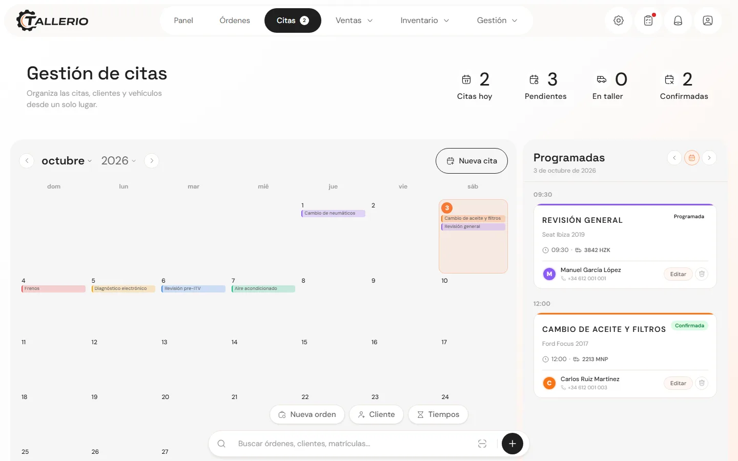 Tallerio appointments calendar with the month view and the day's scheduled appointments