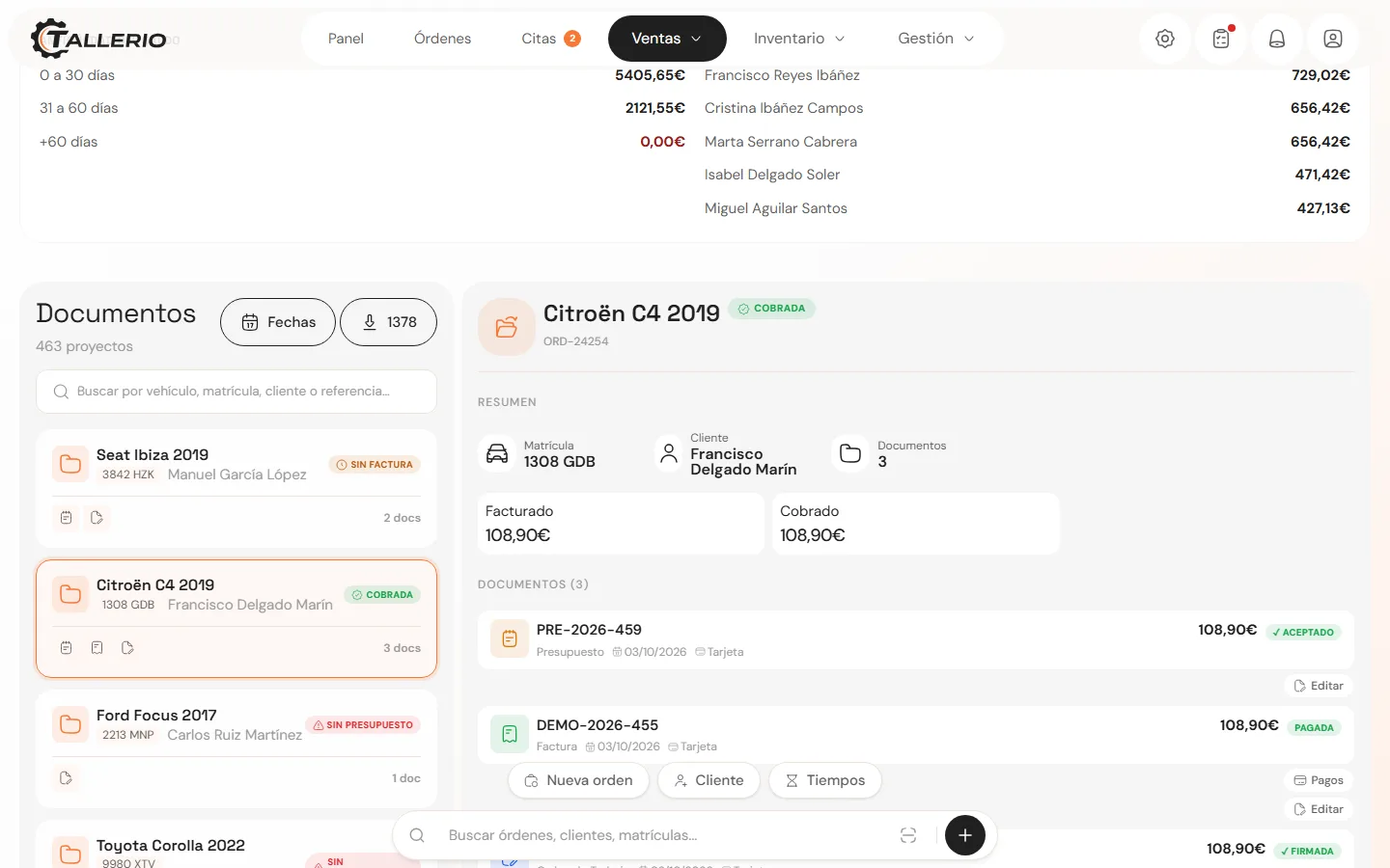 Tallerio documents and invoicing screen with invoices, amounts collected and amounts outstanding